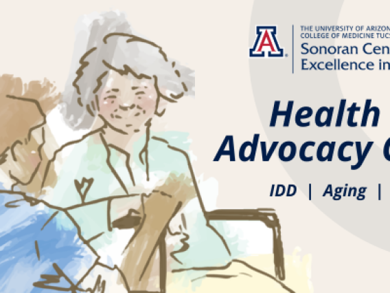 Watercolor illustration of a nurse kneeling down next to an older adult woman in a wheelchair with the text "Health Care Advocacy Class. IDD, Aging, Dementia."