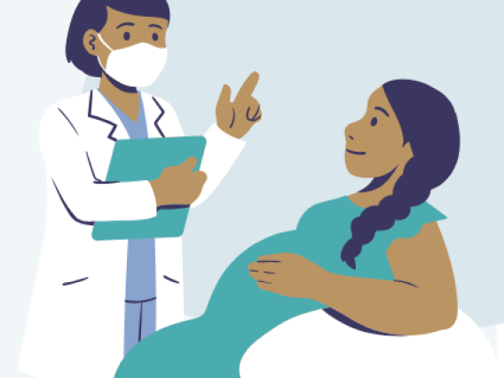 Illustration of a pregnant woman leaning back on a pillow being advised by a doctor.