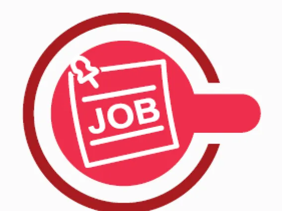 Red circle outlines with a darker red circle. In the middle there is a white illustration with a job posting board that says "job".