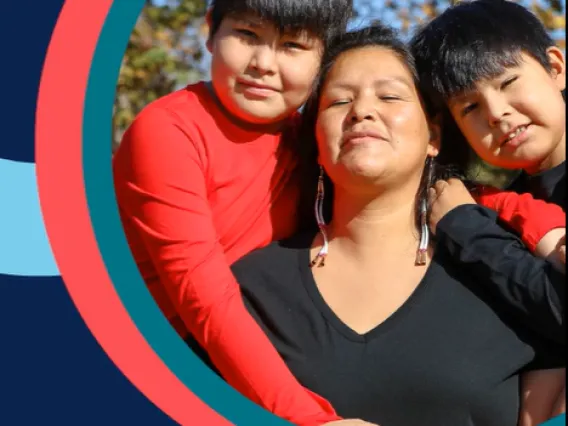 A photo of a mother wearing a black shirt and two boys wearing red shirts hugging her. The banner is a dark blue back ground with a red circle and a light blue circle. The text in a white circle states sonoran center for excellence in diabilities and underneath states "talking to parents about customized employment".