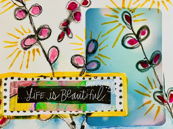 watercolor of flowers, with sentence "life is beautiful" 