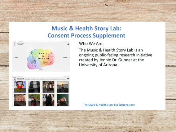 Cover of Music and Health Story Lab Consent Process Supplement PowerPoint on a wooden background.