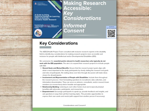 Image of Front Cover of Key Considerations and Informed Consent Document on a wooden background.