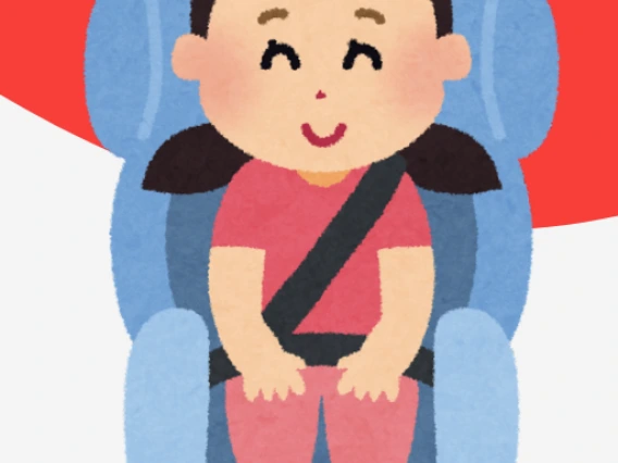 Drawing of a person with black hair in pigtails and wearing all pink sitting in a blue carseat with the seatbelt fastened.