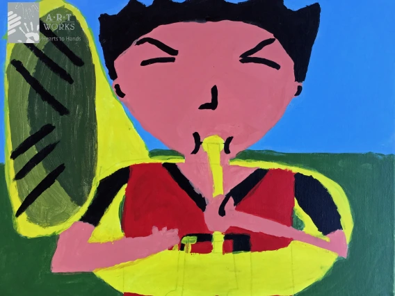 Painting of guy playing the trumpet