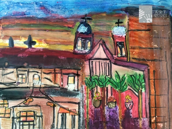 mixed media of a church