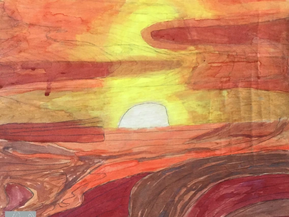 watercolor of sunset by ocean