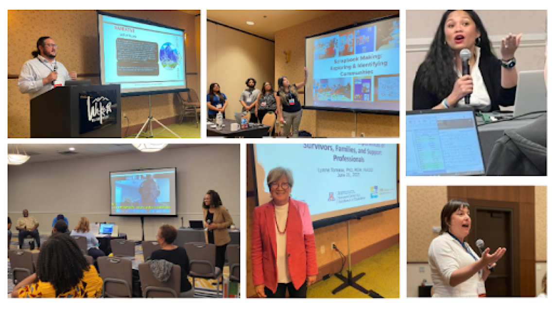 Collage of photos depicting people presenting at conferences