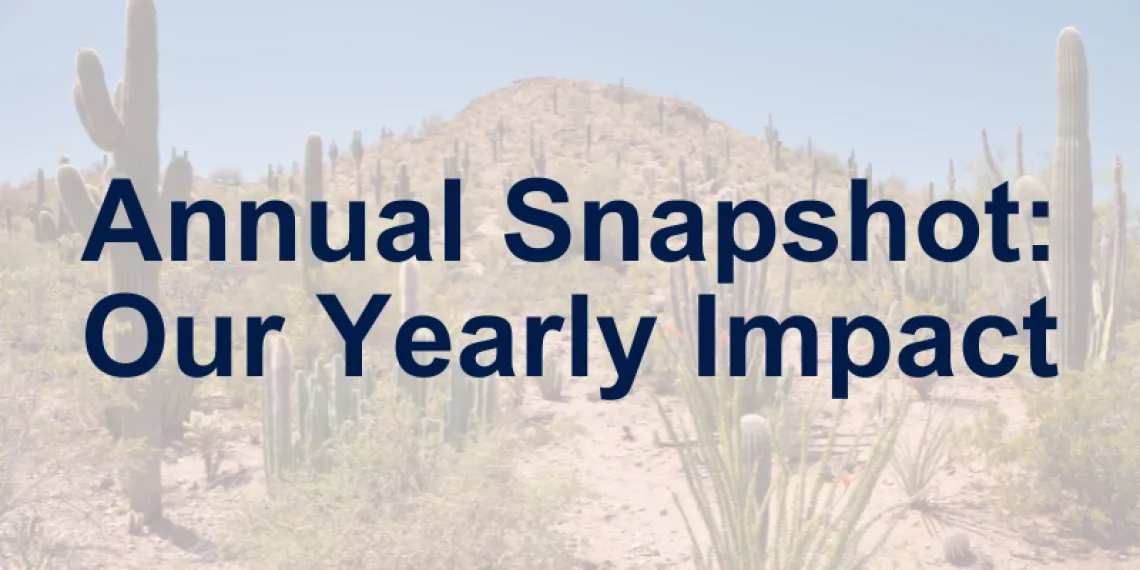 Desert scene with text overlay: Annual Snapshot: Our Yearly Impact