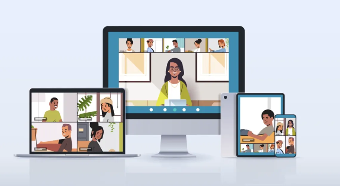 A laptop, computer, iPad, and phone against a white background. All devices belong to different participants logged onto the same Zoom meeting.