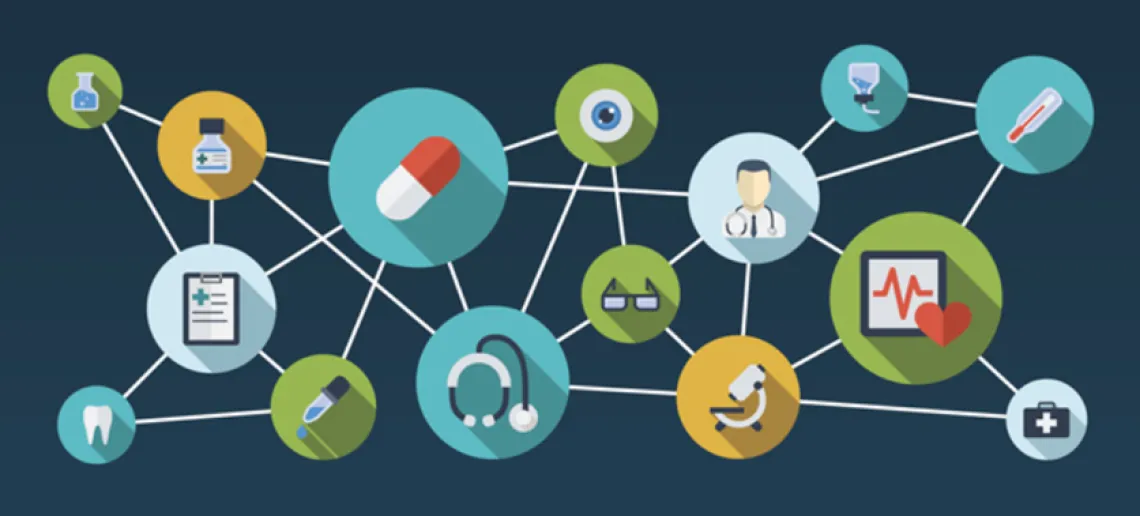   A variety of medical items connected to each other in a network against a navy background. These items include medications, syringes, stethoscopes, heart monitors, and more.