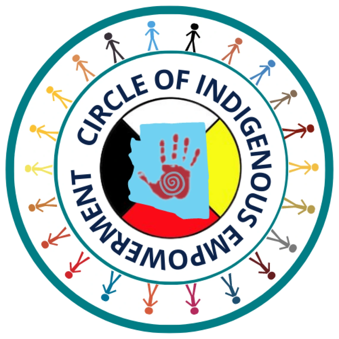 One large circle outlined in blue. Within is another circle with the stick figure people around the border. Within that circle  is the phrase "Circle of Indigenous Empowerment" flowing in the shape of the circle. Within that circle is the state of Arizona in blue with a red handprint in the center on top of a circle with white to the top, yellow to the right, red to the bottom and black to the left of the circle. 