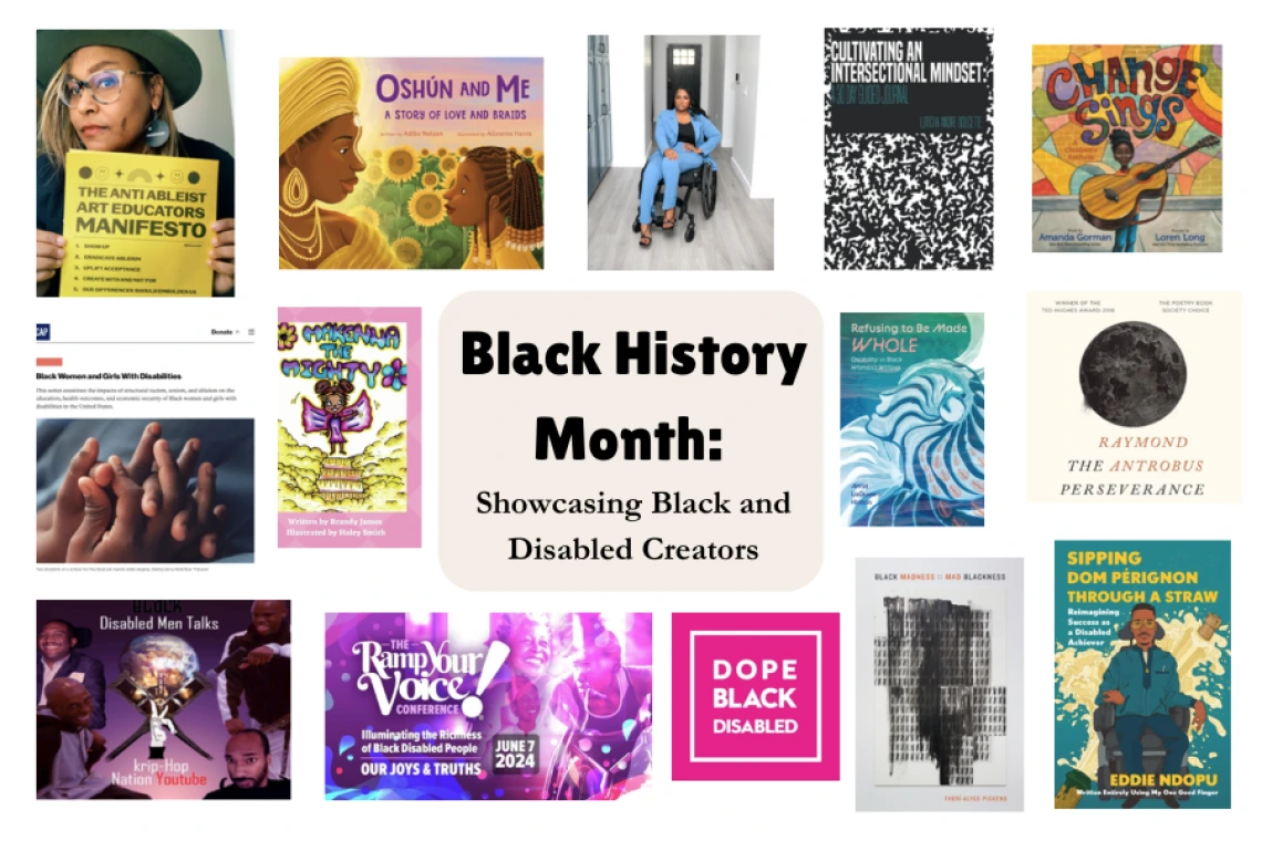 A collage of covers of books by Black and disabled authors. In the center it reads, "Black History Month: Showcasing Black and Disabled Creators"