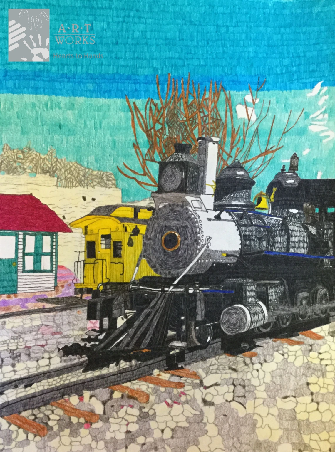 colored pencils of a train