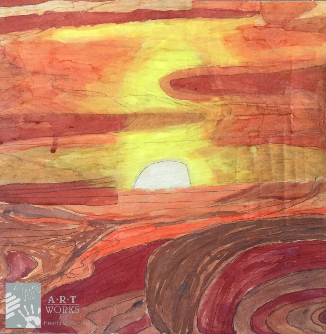 watercolor of sunset by ocean
