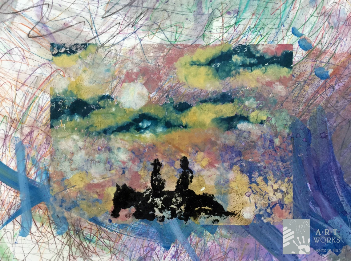 drawing of two cowboys on a horse