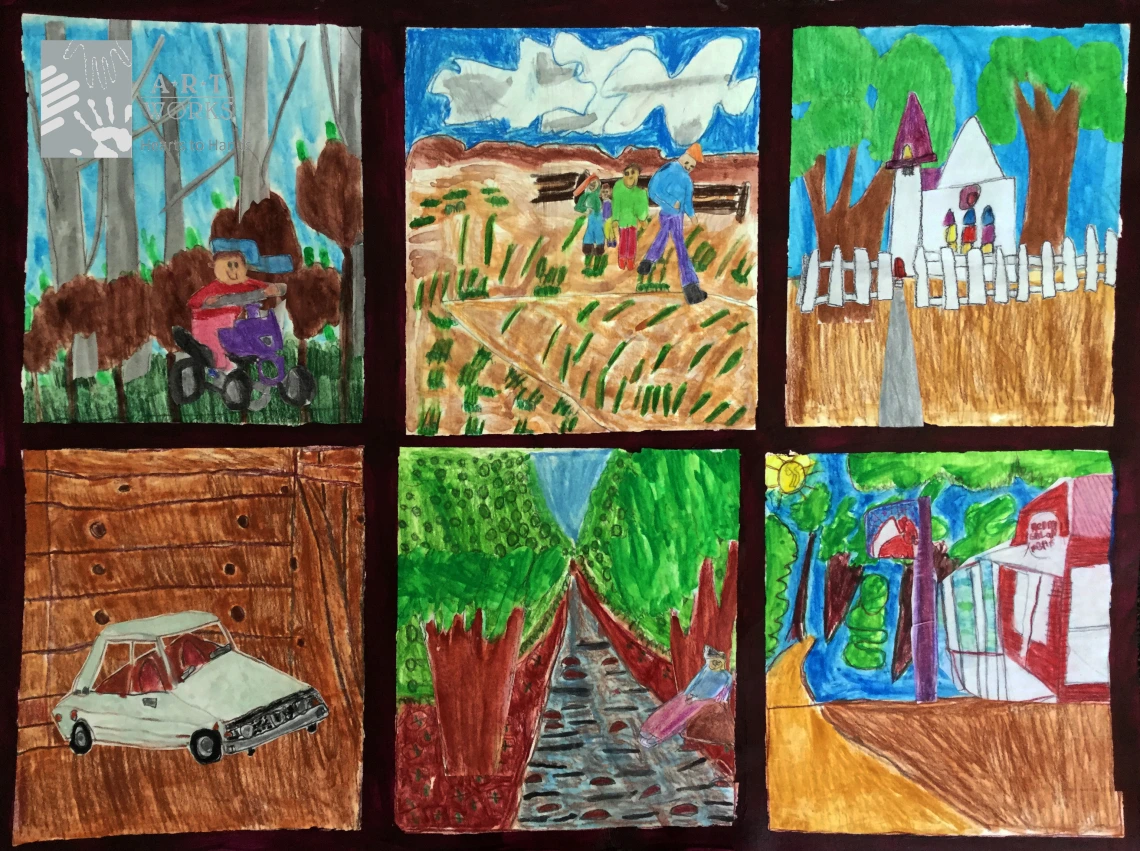 drawing of scenes from a trip to grandpa's 