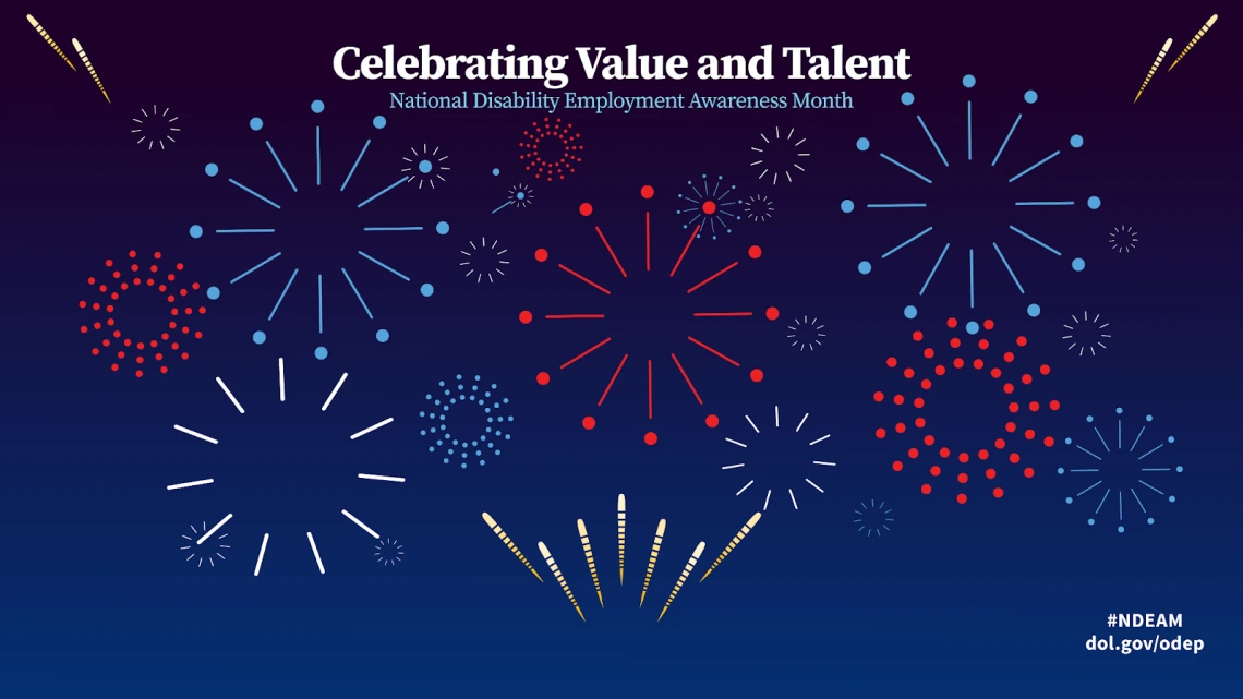 Stylized graphic of fireworks with the words "Celebrating Value and Talent"