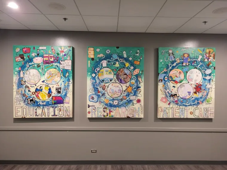 The mural. It is split into three panels, reading "education", "research", and "patient care" respectively. Each has a collage of hand-drawn artwork depicting various medical scenarios, over an abstract blue circular background that evokes the structure of a cell. 