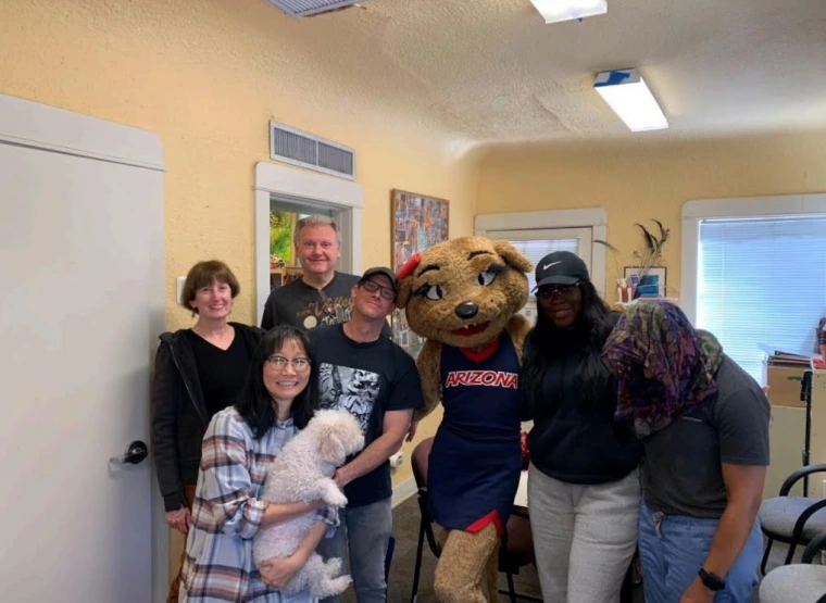 The author, fellow interns Co’y and Jane, Dr. Yumi Shirai, and one of the ArtWorks artists pose with Wilma Wildcat