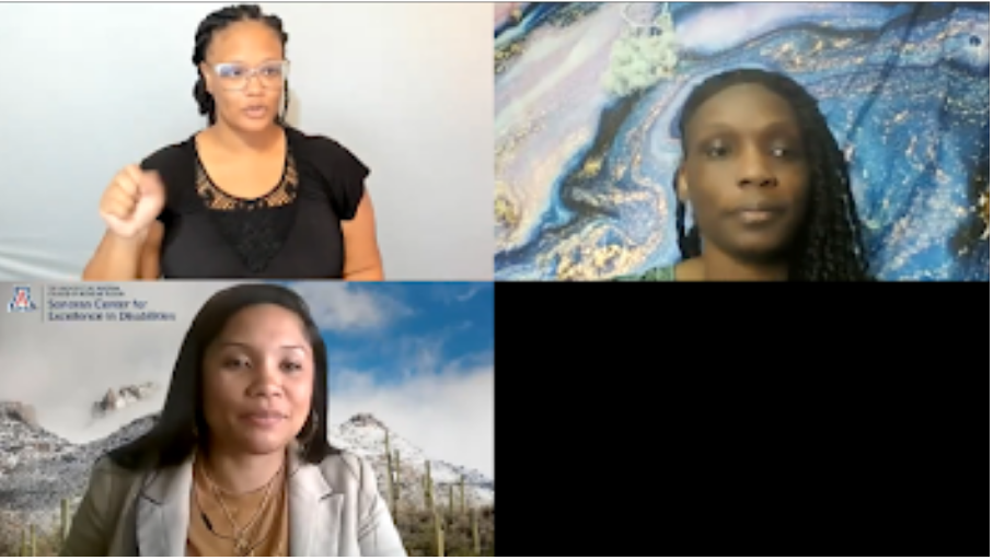 Screenshot of zoom session, “Sankofa: Expanding A Black Family Support Group into the Midwest,” as Sonoran Center assistant director and AACD planning committee member, Jacy Farkas, introduces speakers. From bottom left corner clockwise, Jacy Farkas, ASL interpreter, Ida Winters.