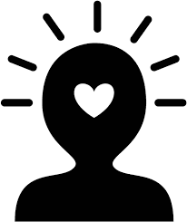 A clipart image of a black silhouette of a person from the chest upwards with a white heart in the center of the head. 
