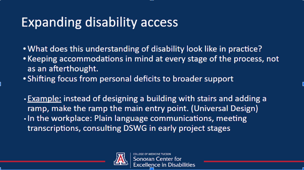 A slide from the presentation on the topic of expanding disability access
