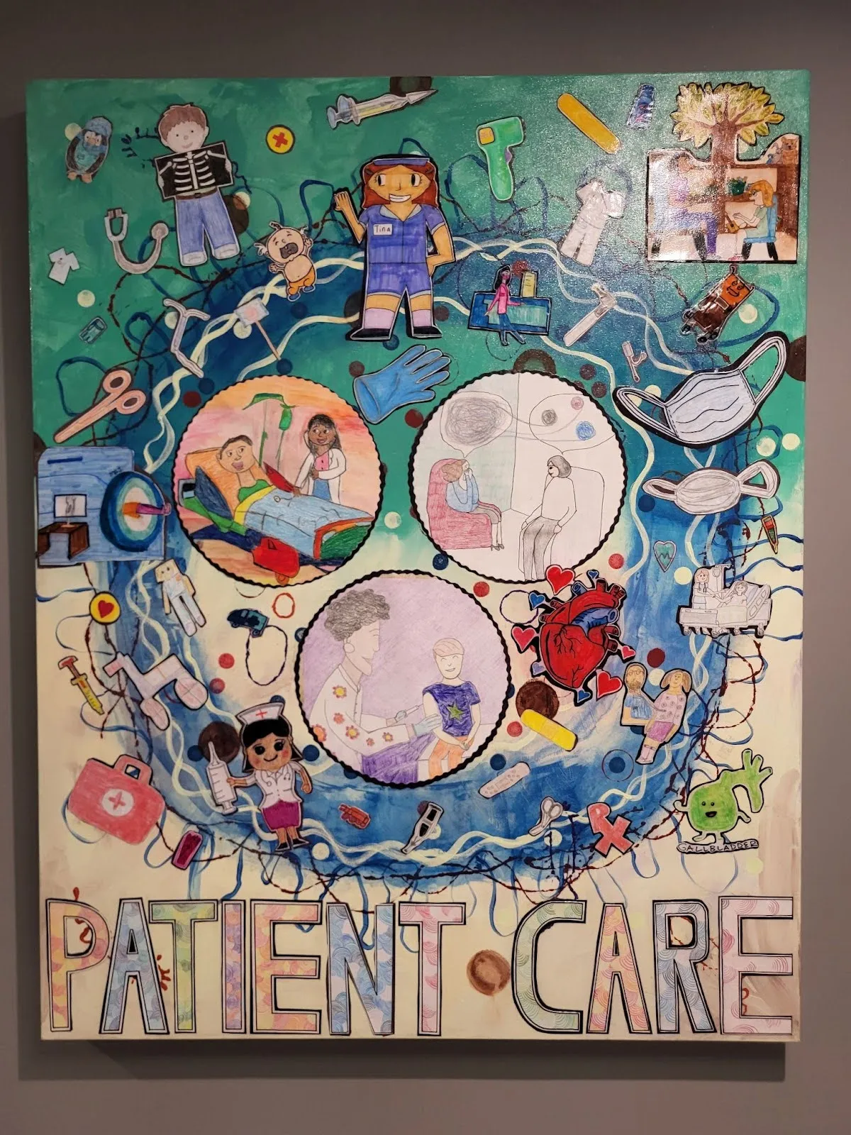 The "Patient Care" panel. Collage pieces include medical personnel interacting with patients on a hospital bed and in a psychiatrist's office. 