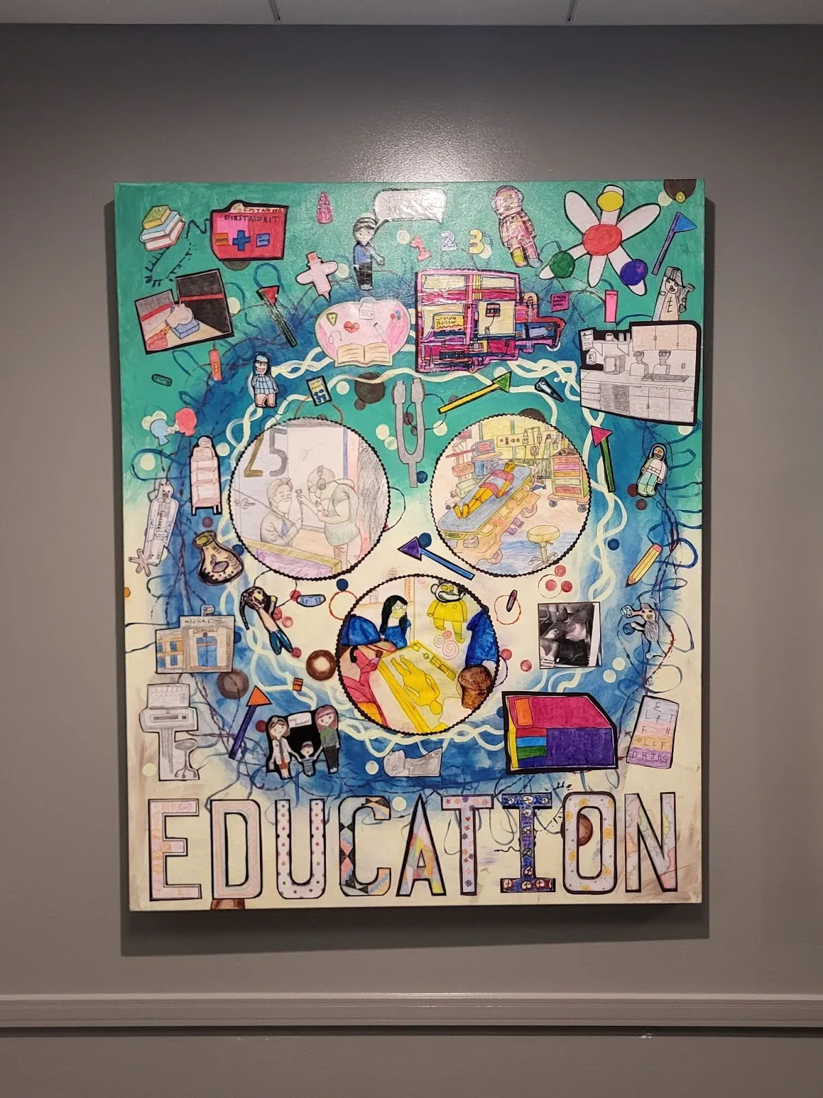 The "Education" panel. The collage pieces depict medical students in various settings, such as learning how to administer vision tests, working with medical dummies, and a first aid kit. 