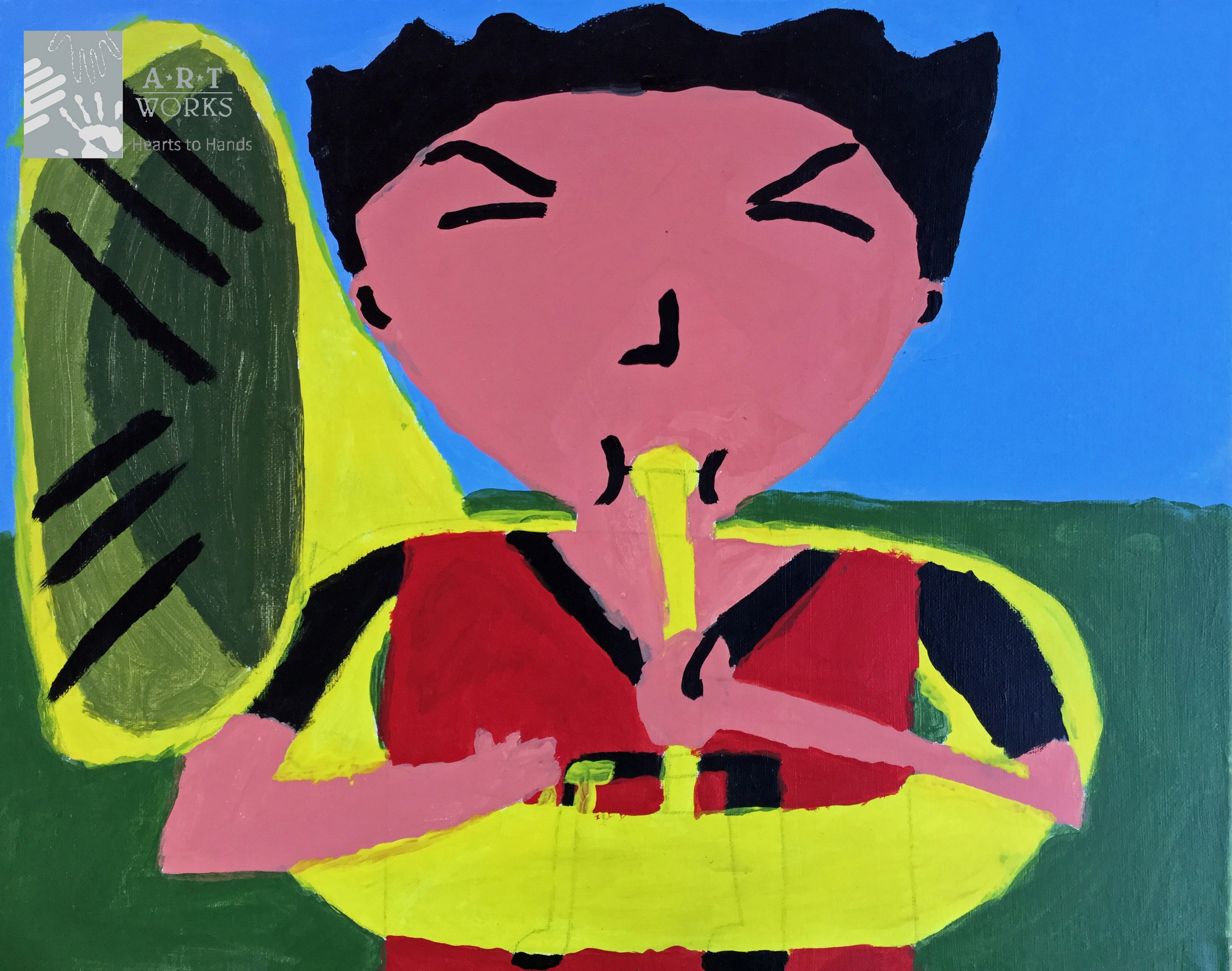 Painting of guy playing the trumpet