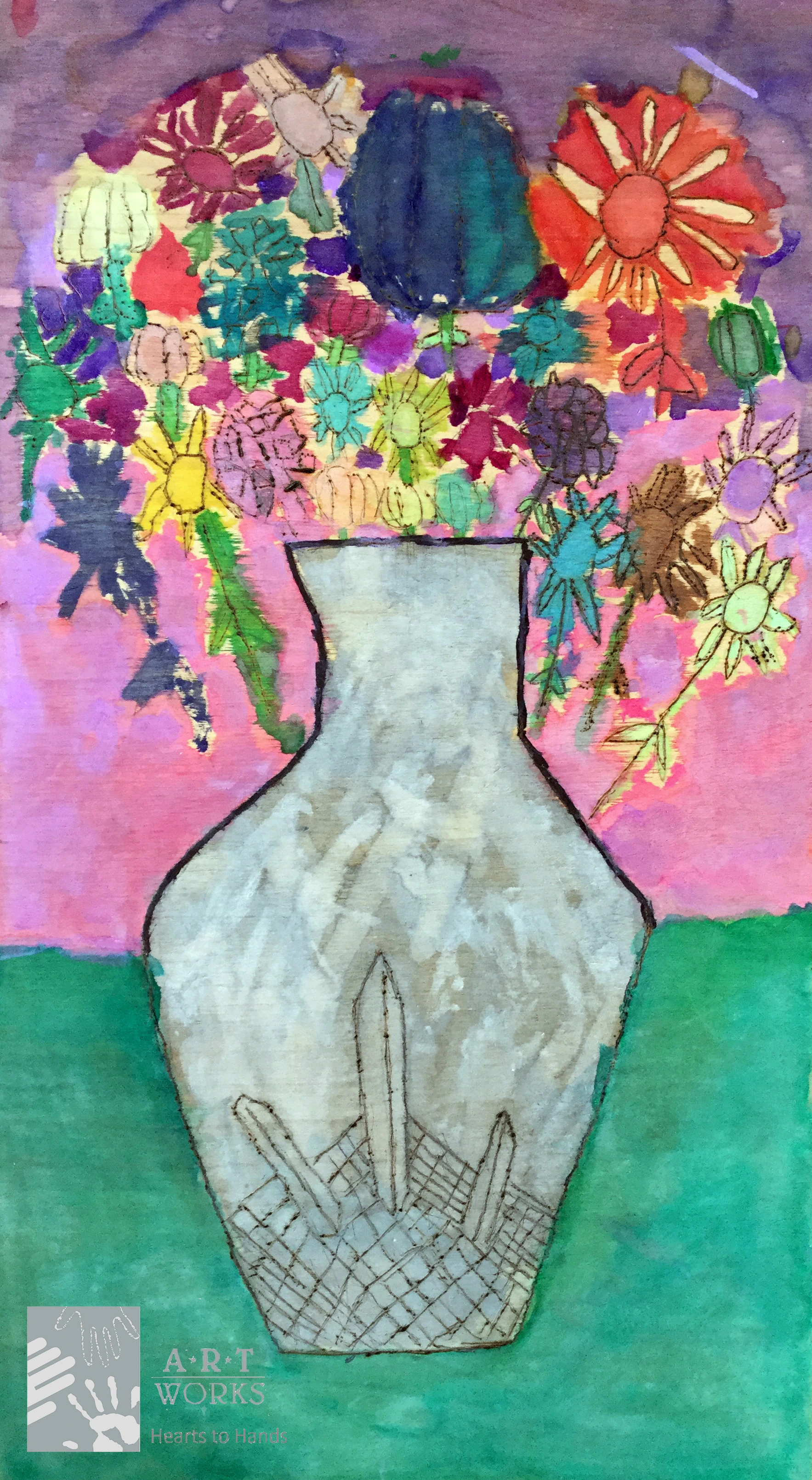 watercolor of a vase and flowers