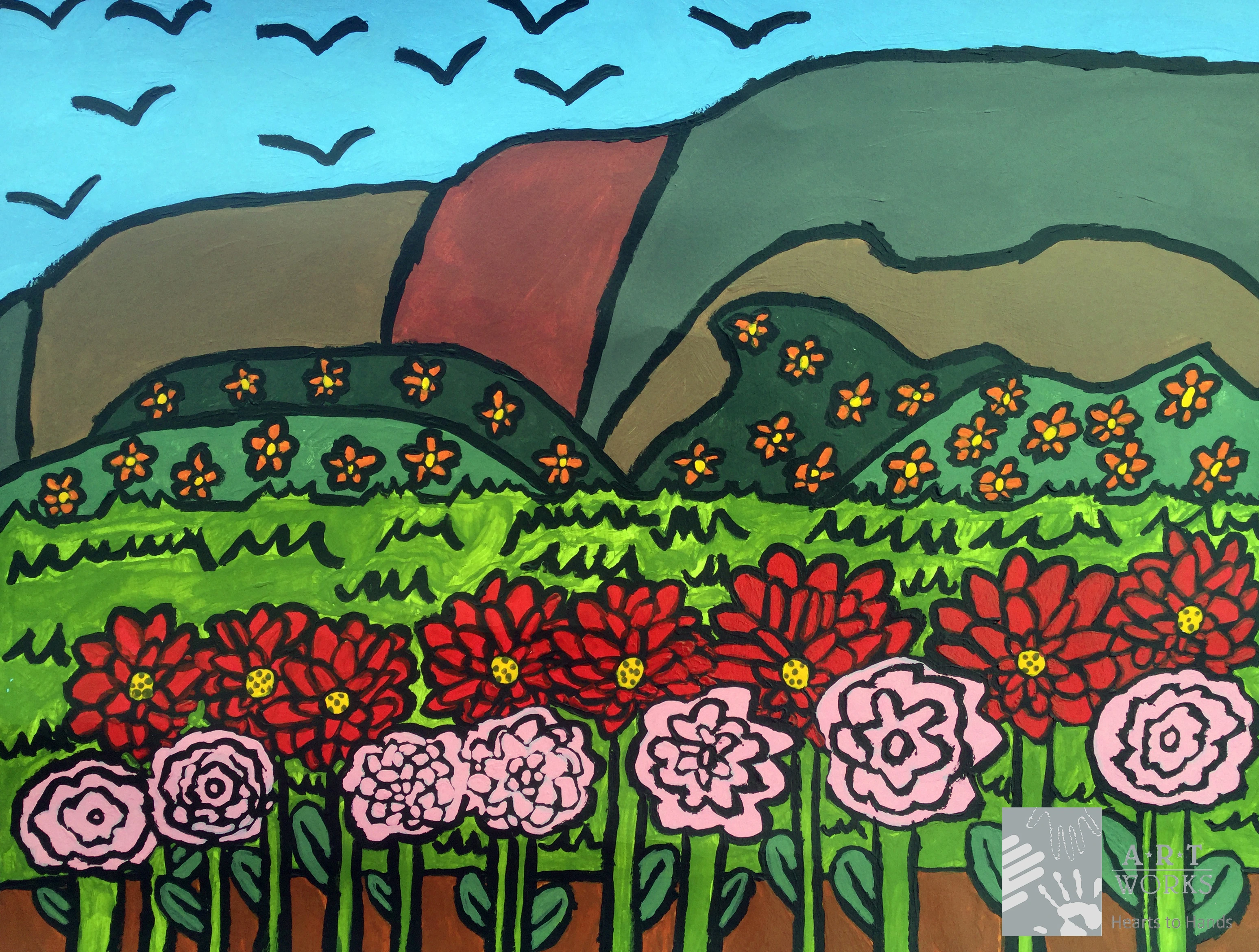 painting of mountains and flowers