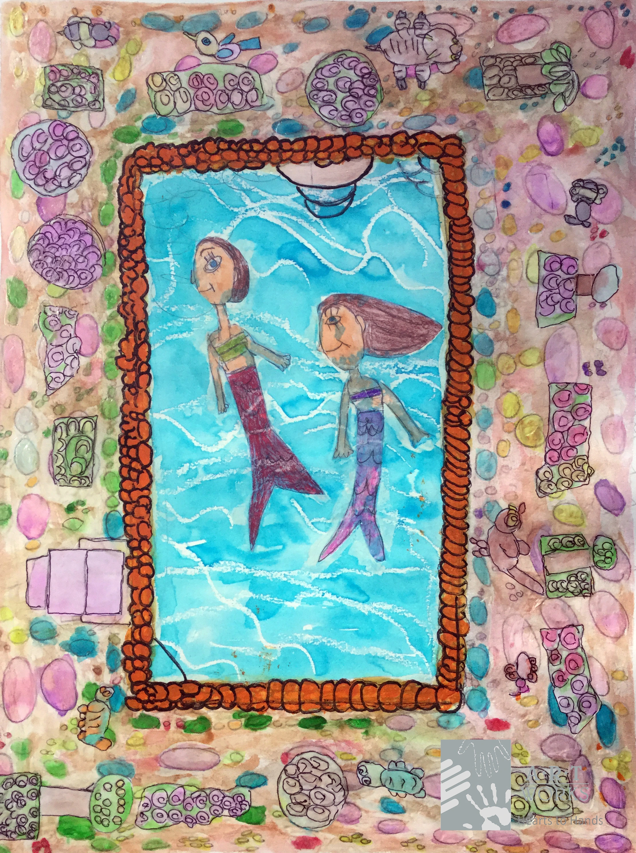 mixed media of two mermaids on paper