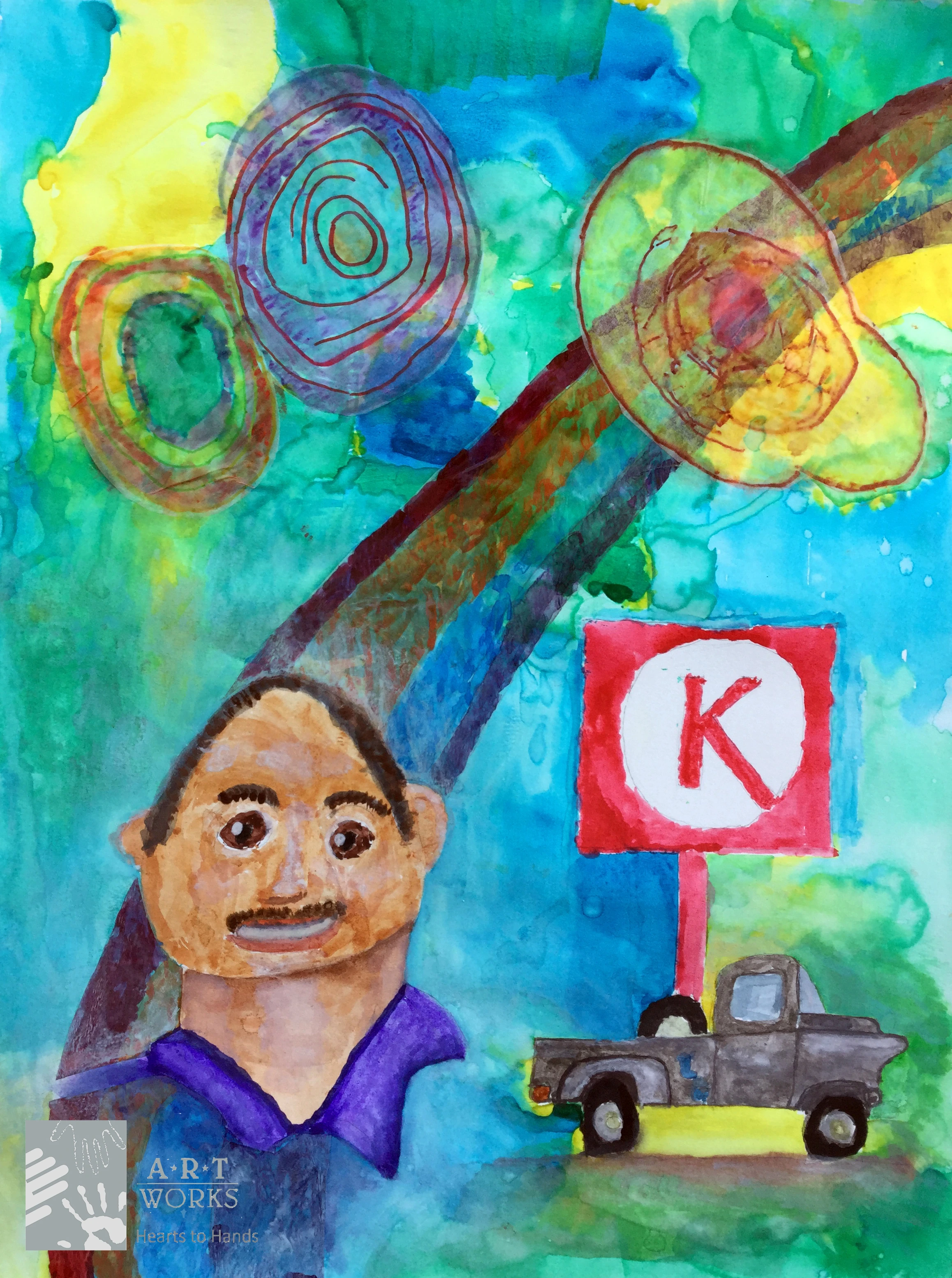 drawing of person in front of circle k