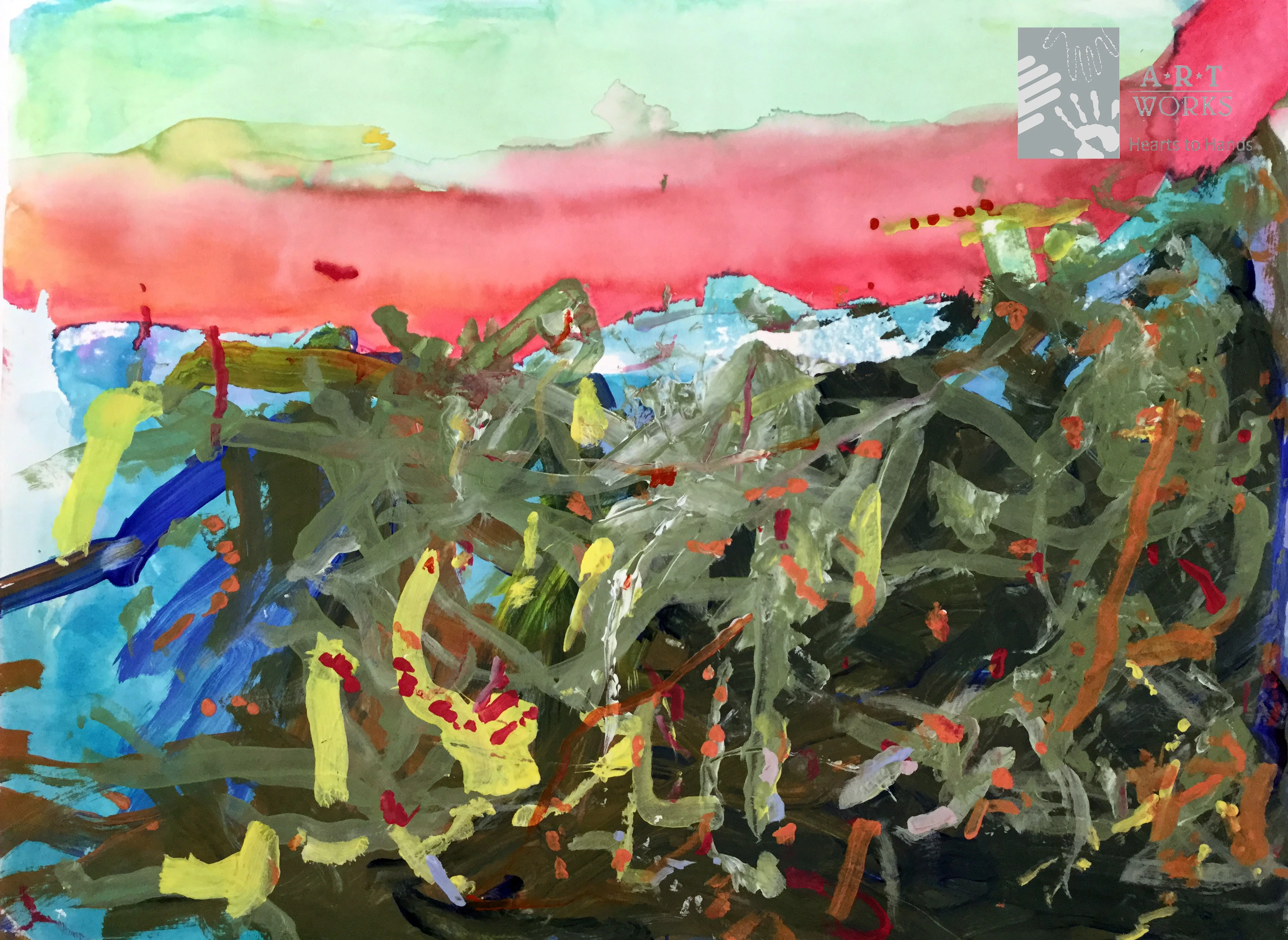 painting of sunset and cactus