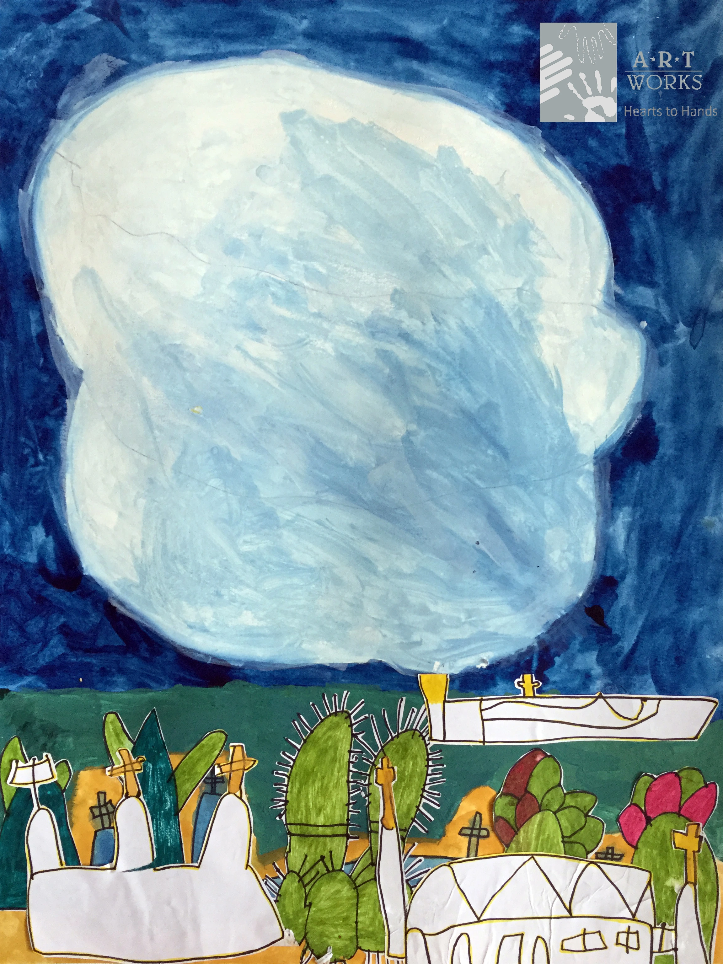 drawing of a cloud above a landscape