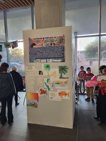 A column with several art pieces, the names of some of the artists, and a poster detailing the 3 Step Expressive Art Project