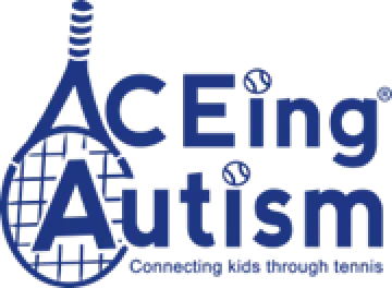 ACEing autism logo. The first A is formed by the base of a tennis racquet and the I is a tennis ball. Below, it reads "connecting kids through tennis"