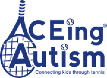 ACEing autism logo. The first A is formed by the base of a tennis racquet and the I is a tennis ball. Below, it reads "connecting kids through tennis"