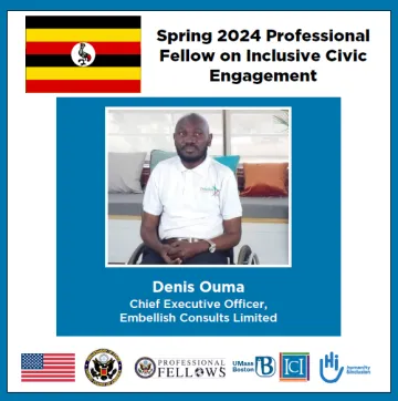 Man with beard wearing a white polo sitting in a wheelchair with text "Spring 2024 Fellow on Inclusive Civic Engagement"