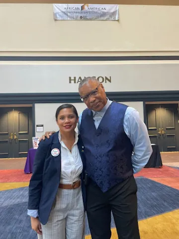 Jacy Farkas and Renaldo Fowler in the lobby of the Hyatt Regency in Phoenix