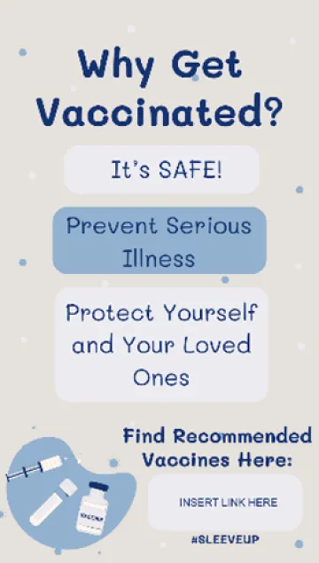 Social media post created by Victoria for vaccine events. A beige background with several small blue and white dots scattered around accompanied by a navy-blue title, “Why Get Vaccinated?” followed by text in three blocks alternating in cream and light blue with the text “ It’s SAFE!” and “Prevent Serious Illness” and “Protect Yourself and Your Loved Ones” Under all the text are illustrations of a syringe, collection bottle, and vaccine vial.