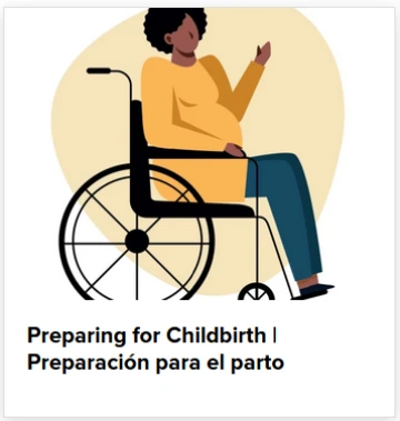 stylized drawing of a pregnant person in a wheelchair