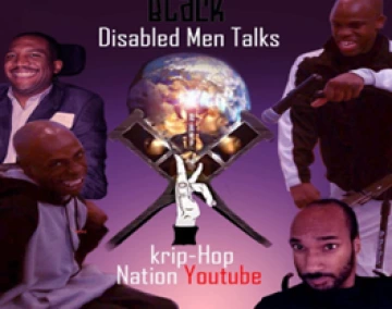 Promotional graphic for the Black Disabled Men Talks podcast. The hosts surround a picture of the globe over two crossed crutches