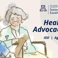 Watercolor illustration of a nurse kneeling down next to an older adult woman in a wheelchair with the text "Health Care Advocacy Class. IDD, Aging, Dementia."