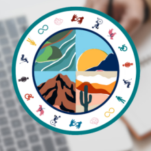 Circle of Indigenous Empowerment logo showing a circle with four quadrants each with illustrations of Arizona terrain, surrounded by icons representing disability. Blurry background showing laptop and a person's hand writing notes with a pencil.