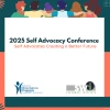 A banner for the self-advocacy conference 2025, which features a stylized cartoon of people of various ethnicities with their hands over each other's shoulders.