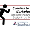 A stylized silhouette of a running person, with the words 'Coming to the Workplace: Incorporating Universal Design in the Office