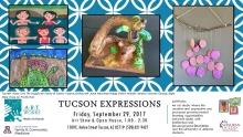 Blue and white flyer with photos of various artworks along the top. Black text reads: Tucson Expressions. Friday, September 29, 2017. Friday, September 29, 2017. Art Show & Open House, 1:00-2:30. 1509 E. Helen Street Tucson, AZ 85719 (520) 621 9427. ArtWorks: An art studio where the creative and expressive arts processes promote mutual learning opportunities between adults with Intellectual and Developmental Disabilities and the UA students. Logos for ArtWorks, Sonoran UCEDD, UA Family & Community Medicine.