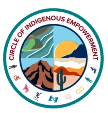 Circle of Indigenous Empowerment. Colorful circle with different landscapes at the center. A variety of symbols representing different people along the bottom half of the circle. 